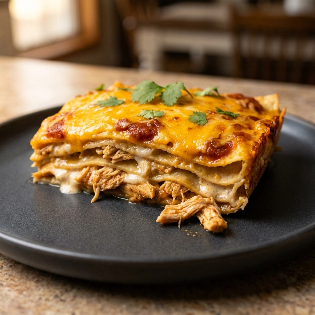 Chicken Enchilada Casserole Recipe Salsa Roja Layers With Cheddar Melt | Easy Dinner