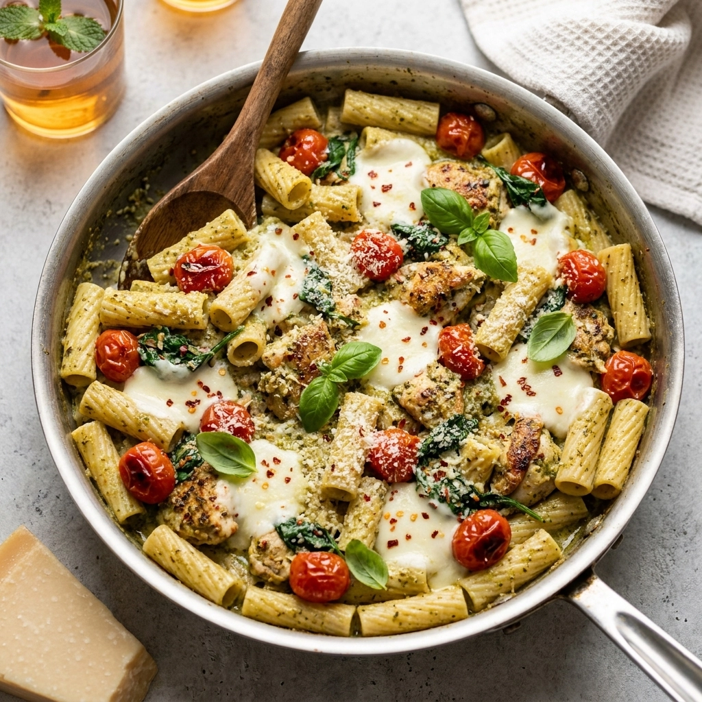 Creamy Pesto Chicken Pasta Bake with Garlic Mozzarella | Easy Family Dinner Idea