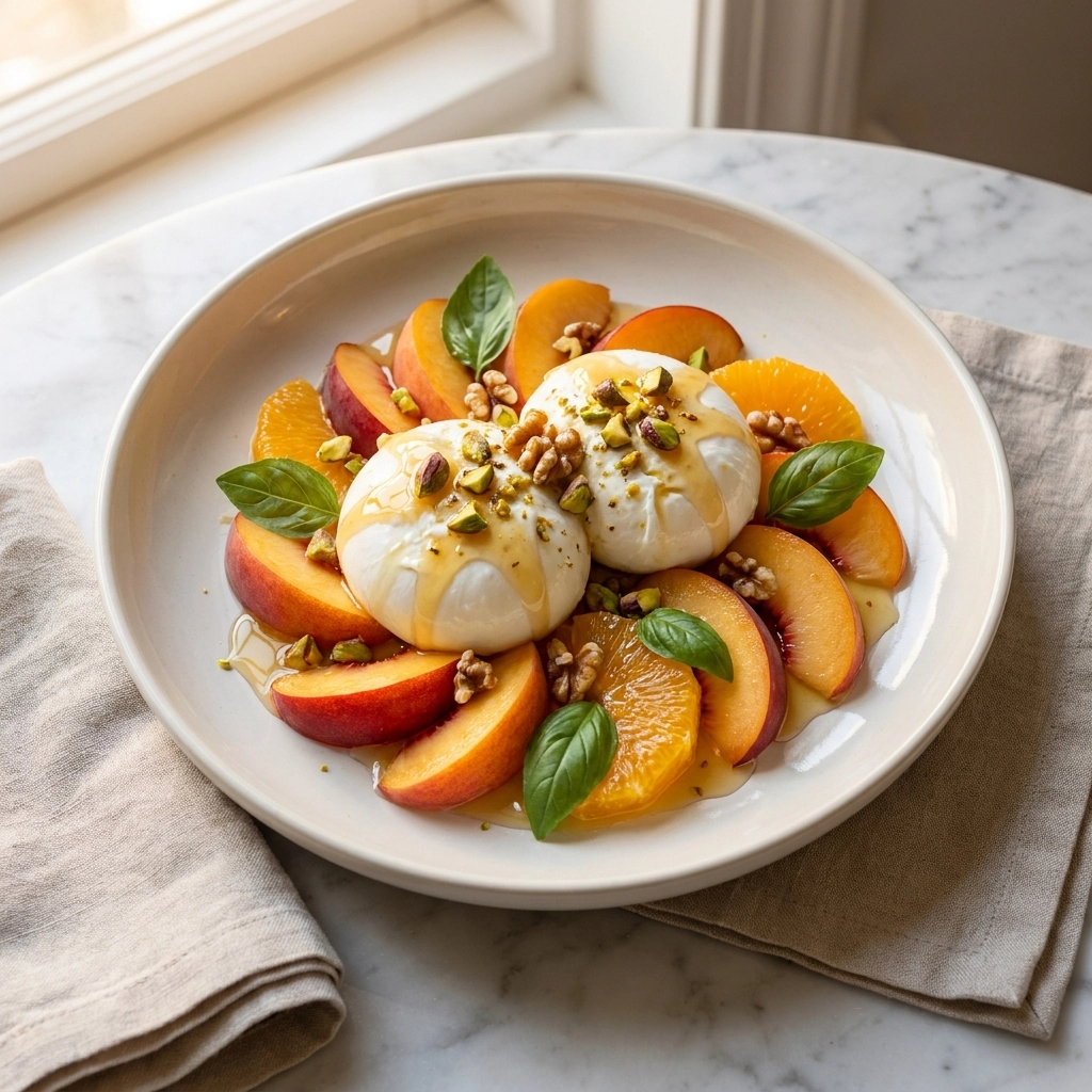 Peach and Burrata Caprese Salad Delight Recipe | Summer Peach Salad Idea