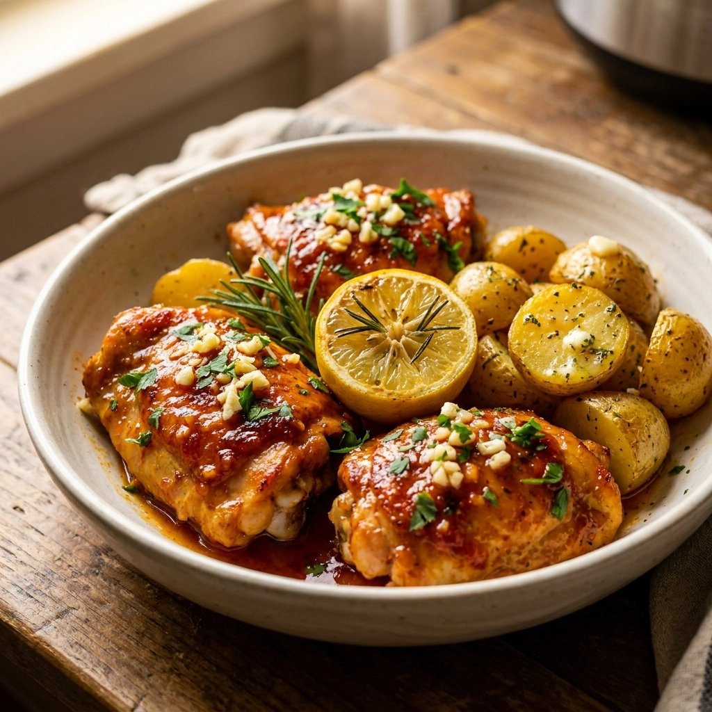 Tender Slow Cooker Garlic Butter Chicken Thighs Recipe with Easy Lemon Herb Potatoes | Easy Slow Cooker Dinner