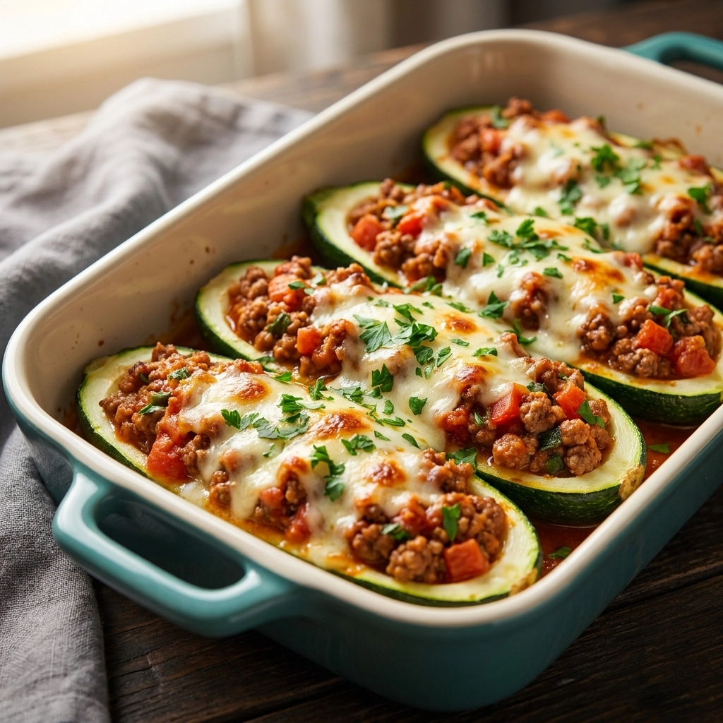 Savory Stuffed Zucchini Boats with Herbed Beef and Mozzarella | Low Carb Dinner Idea