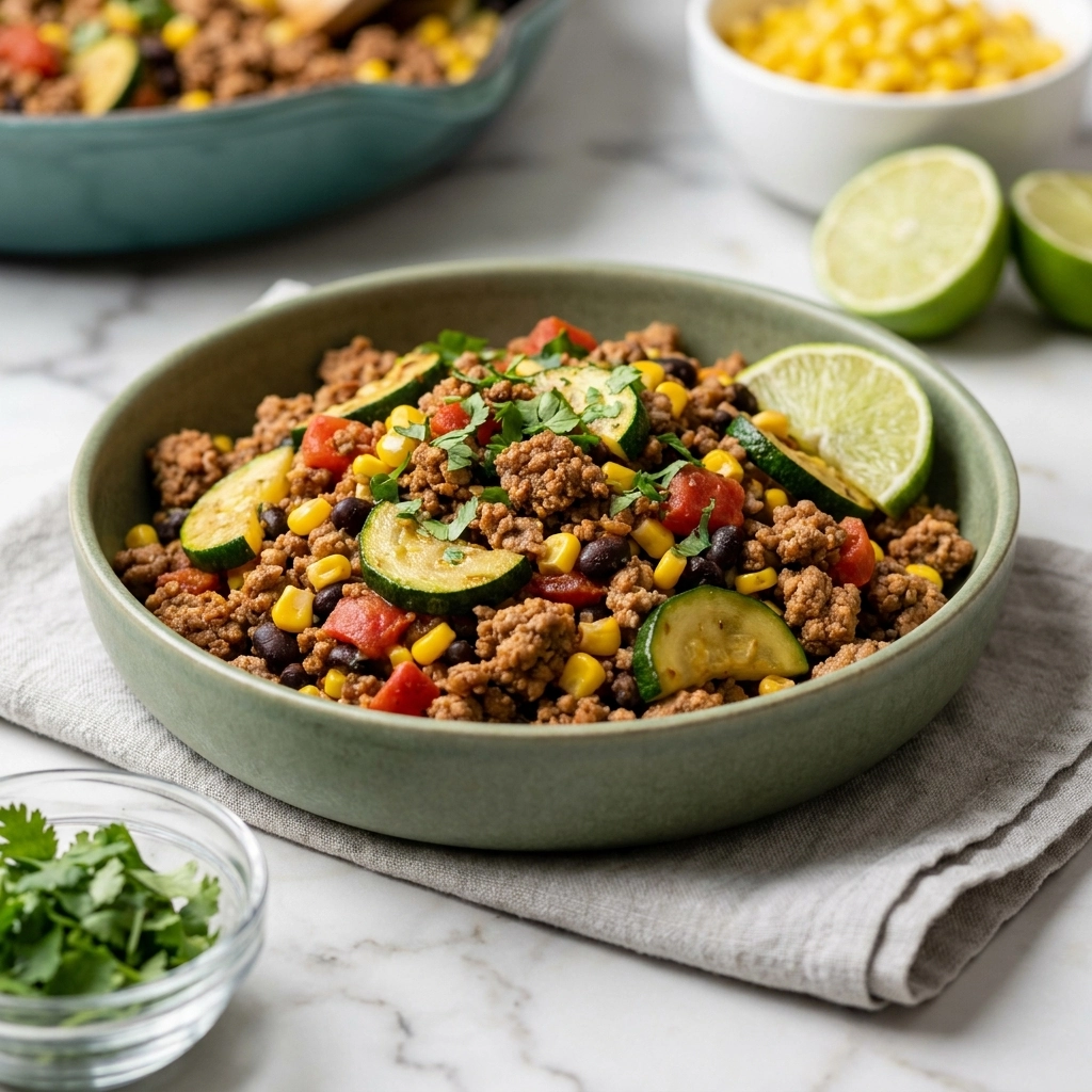 Ground Turkey Skillet with Zucchini, Corn, Black Beans and Tomato | Healthy Meal Prep