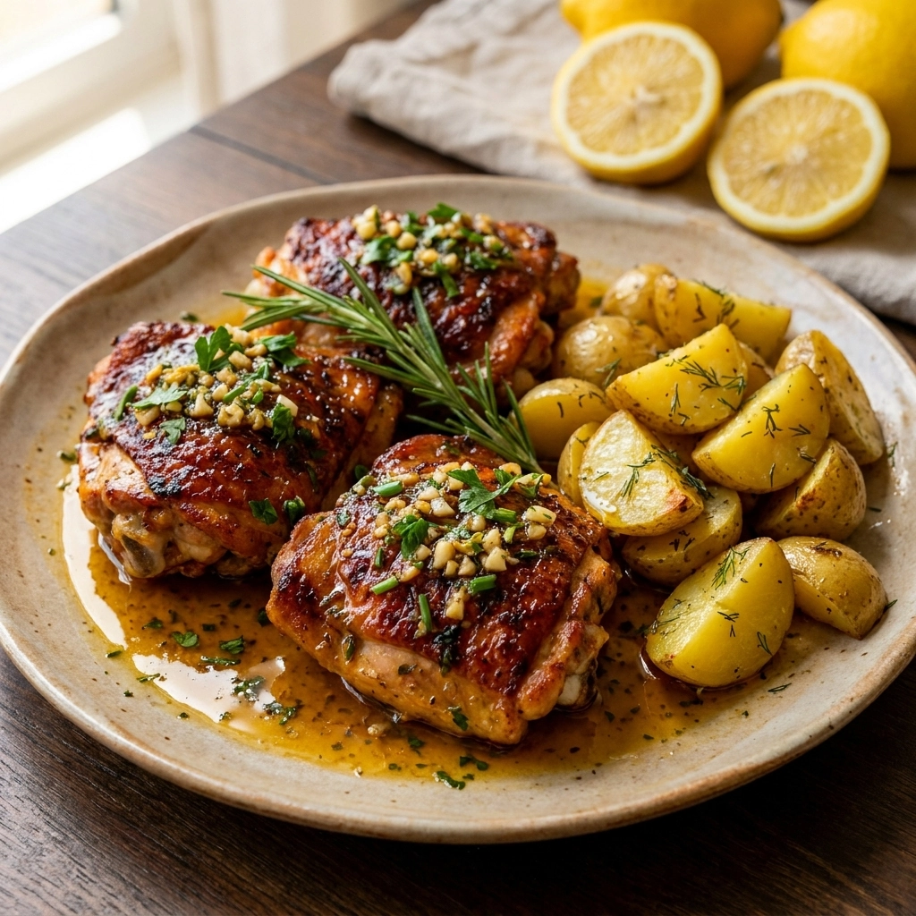 Tender Slow Cooker Garlic Butter Chicken Thighs Recipe with Easy Lemon Herb Potatoes | Easy Slow Cooker Dinner