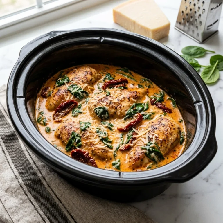 Slow Cooker Tuscan Chicken with Creamy Garlic Sauce | Easy Crockpot Dinner Idea