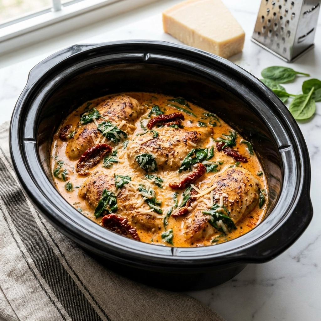 Slow Cooker Tuscan Chicken with Creamy Garlic Sauce | Easy Crockpot Dinner Idea