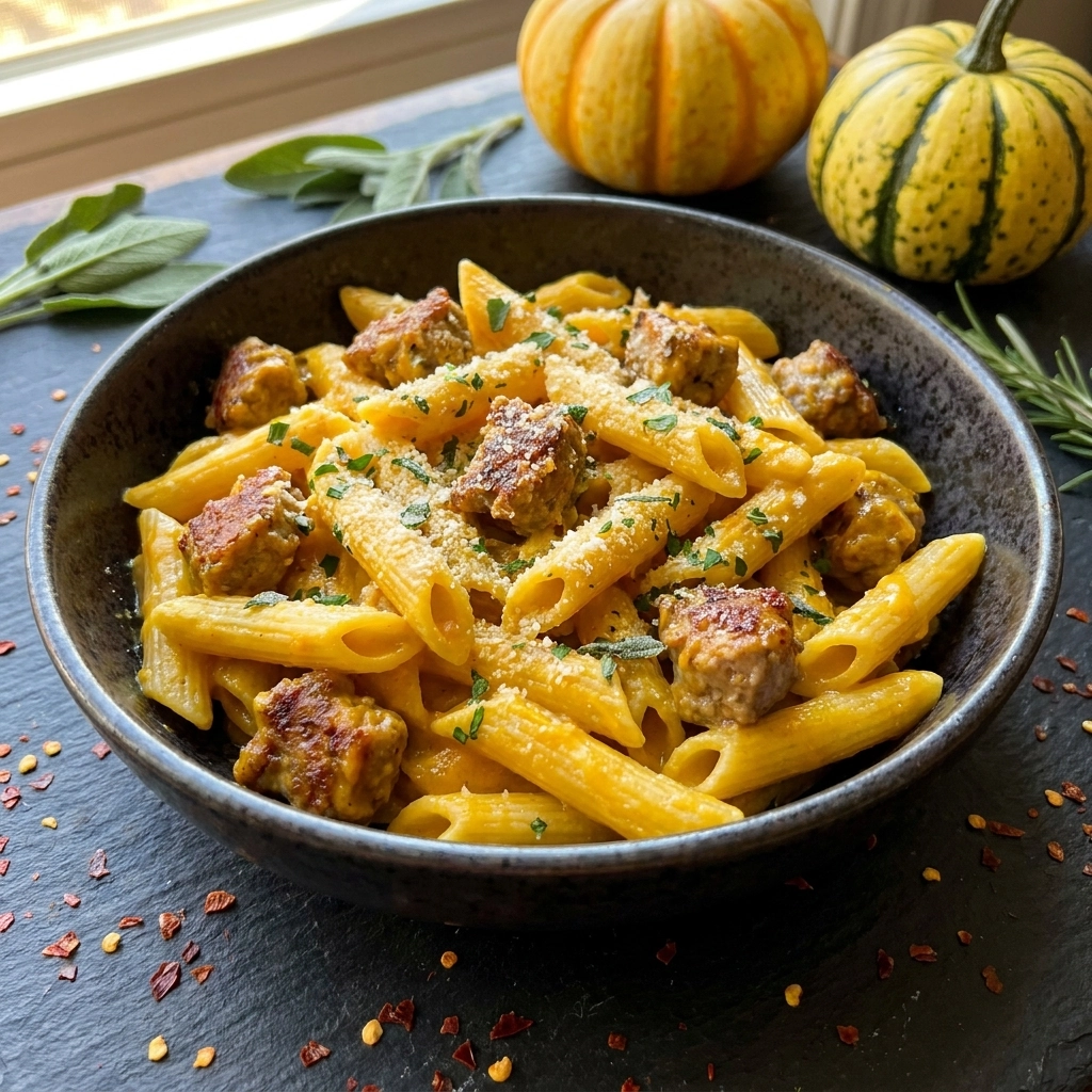 Creamy Pumpkin Sausage Pasta with Sage and Garlic | Cozy Fall Dinner Idea