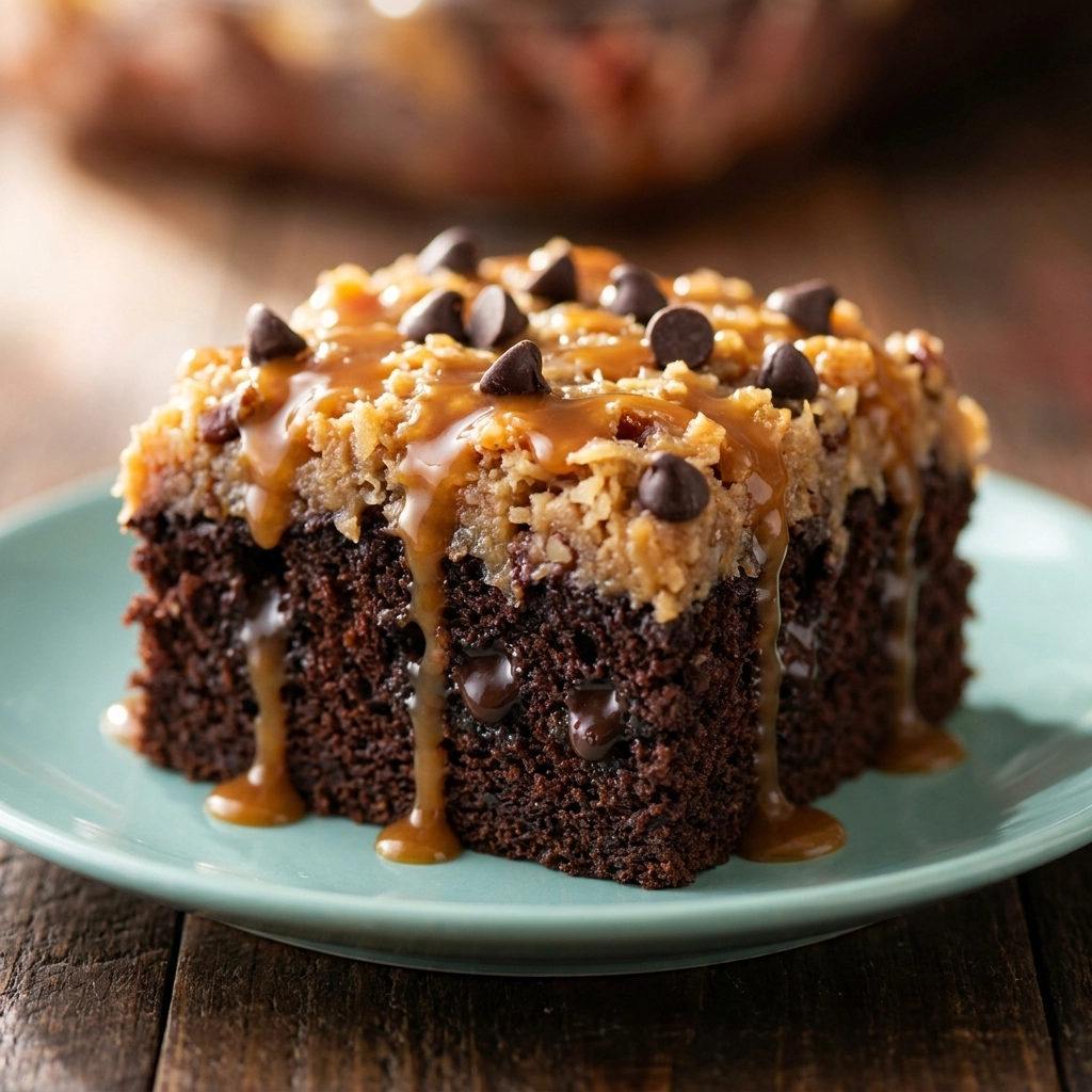 Ultimate German Chocolate Poke Cake with Gooey Coconut Frosting | Easy Dessert Recipe