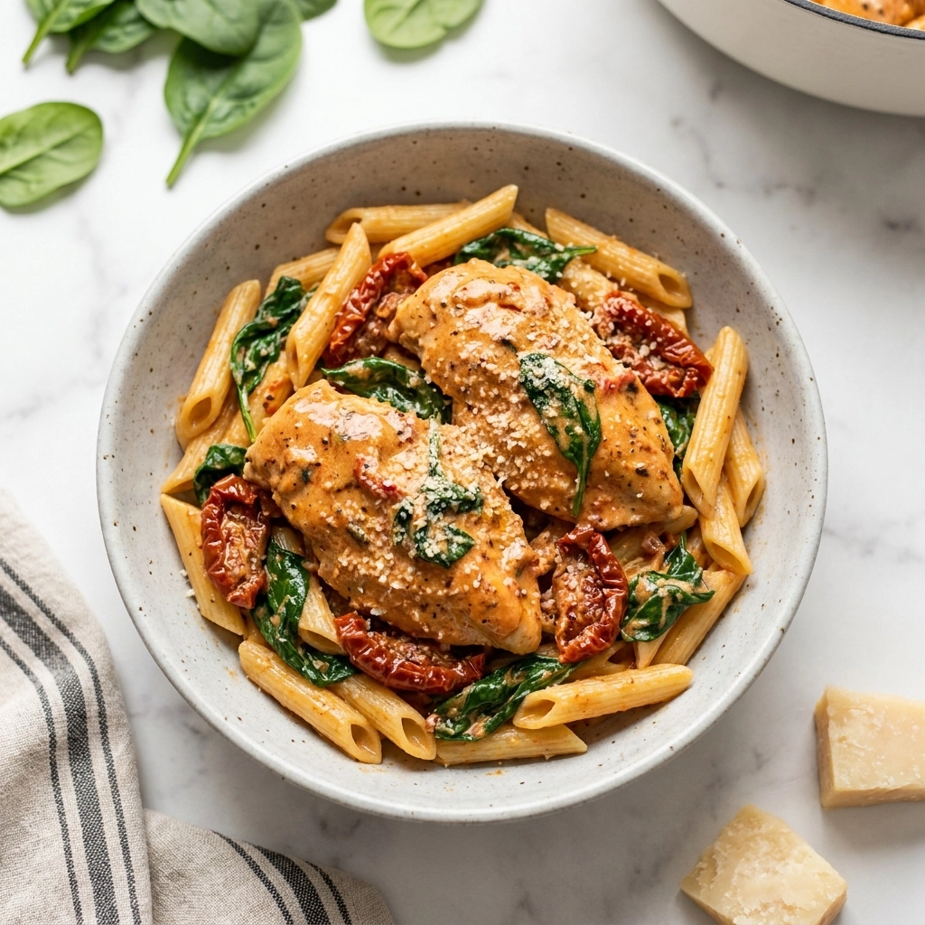 Slow Cooker Tuscan Chicken with Creamy Garlic Sauce | Easy Crockpot Dinner Idea