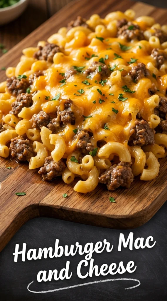 A bowl of creamy macaroni and cheese with browned ground beef, topped with fresh parsley and melted cheese.