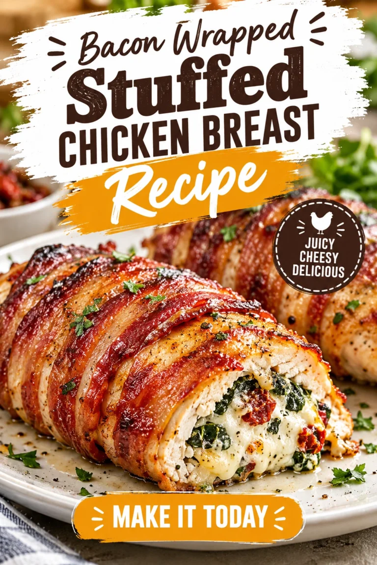 Slices of bacon-wrapped stuffed chicken breast on a platter, showing a melted cheese and spinach filling inside.