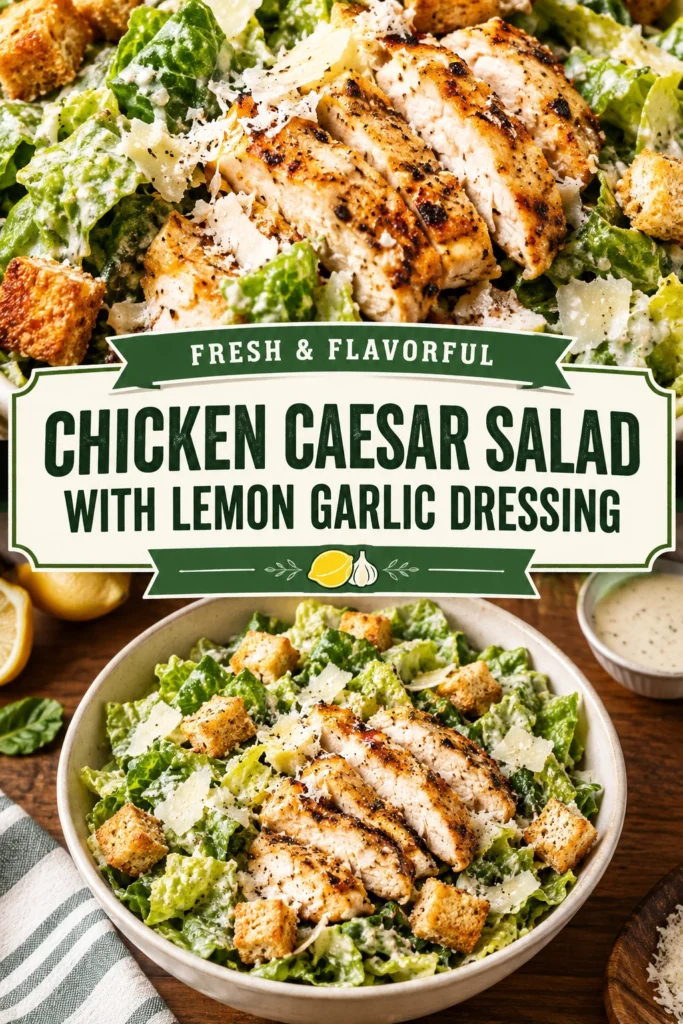 Grilled chicken strips and crisp romaine lettuce tossed with parmesan cheese and croutons, drizzled with lemon garlic dressing.