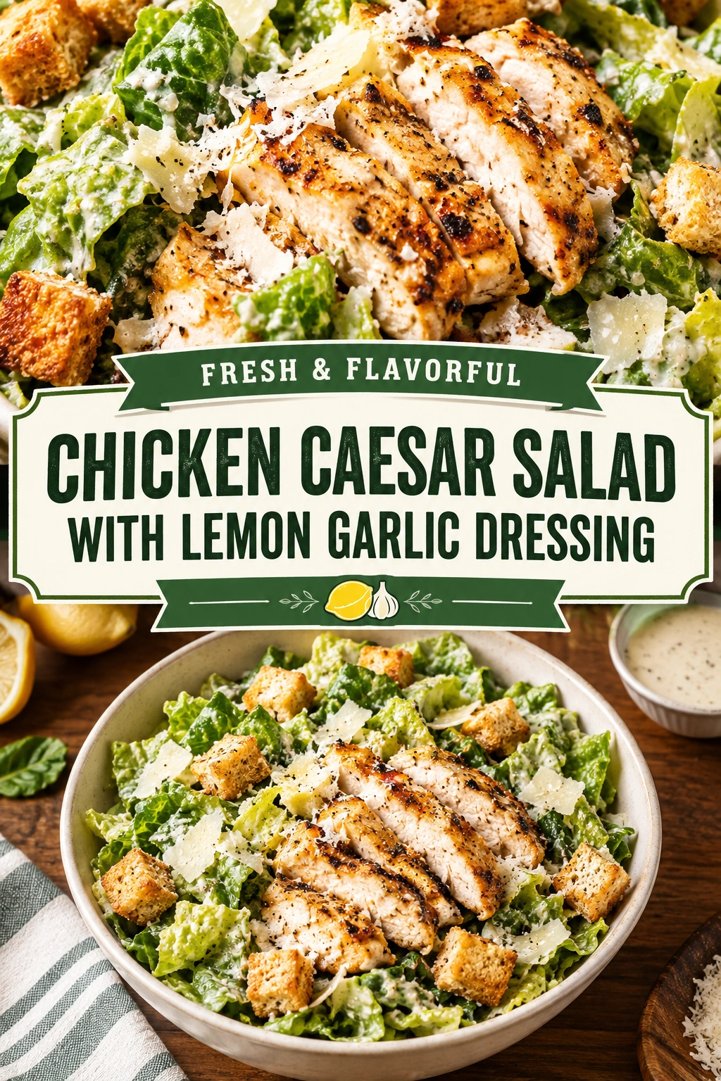 Grilled chicken strips and crisp romaine lettuce tossed with parmesan cheese and croutons, drizzled with lemon garlic dressing.