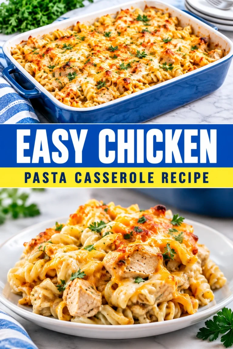 Baked chicken pasta casserole with a melted golden-brown cheese crust, garnished with fresh parsley in a white ceramic dish.
