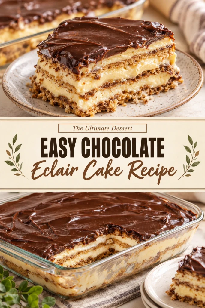 Layered chocolate eclair cake with graham crackers, vanilla cream filling, and a smooth chocolate glaze topped with white icing.