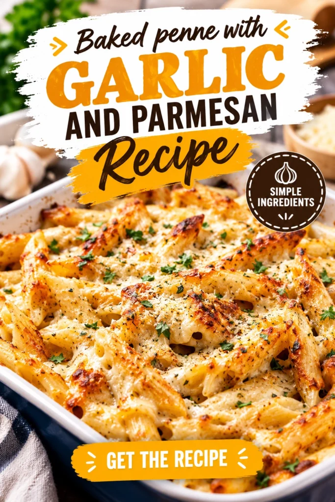 Baked penne pasta in a creamy garlic sauce topped with melted golden brown parmesan cheese in a white casserole dish.