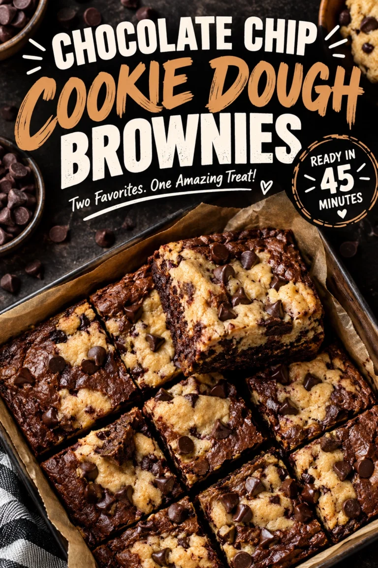 Fudgy chocolate brownies topped with swirls of golden chocolate chip cookie dough, sliced into squares on a cooling rack.
