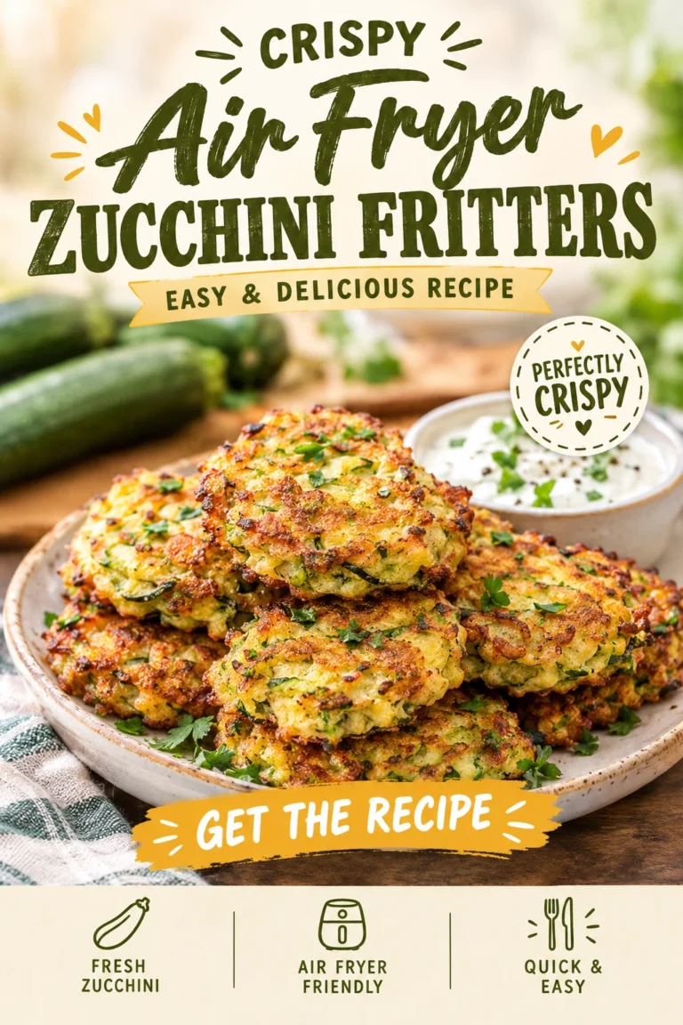 Golden brown crispy zucchini fritters stacked on a white plate, served with a side of creamy dipping sauce.