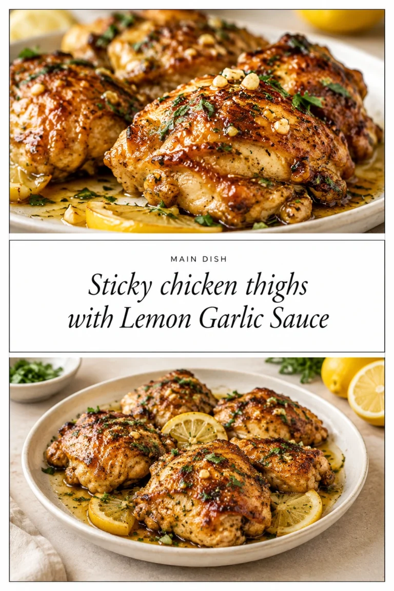 Glazed chicken thighs in a lemon garlic sauce, garnished with fresh parsley and lemon slices on a white plate.