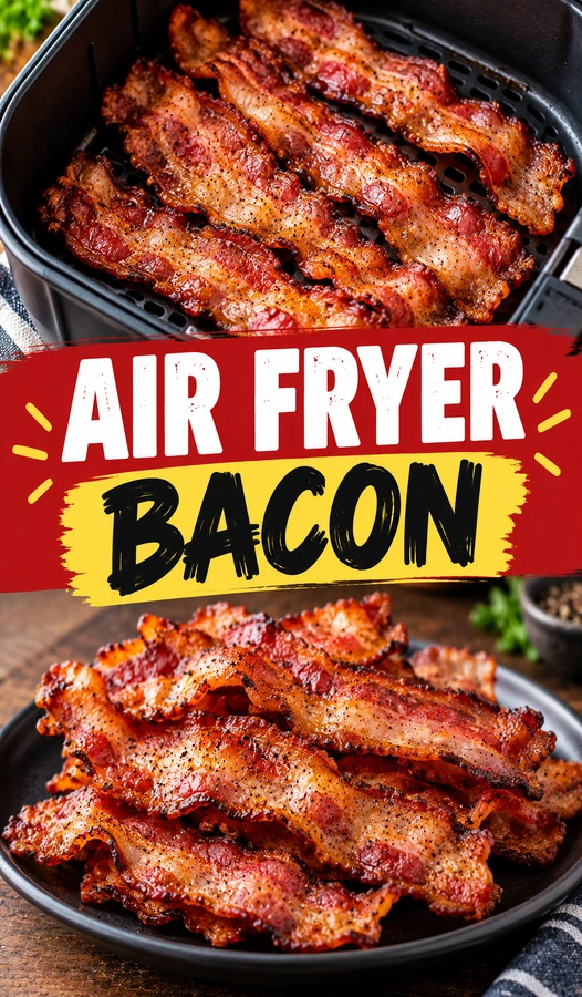 Crispy, golden-brown strips of air fried bacon arranged on a parchment-lined tray with a glistening, crunchy texture.