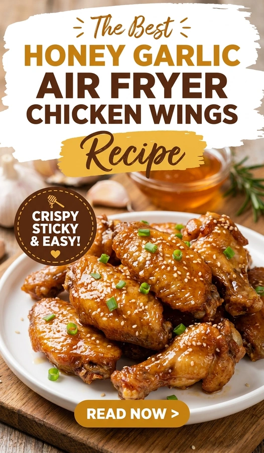 Crispy air fryer chicken wings coated in a glossy honey garlic glaze, served on a plate with sesame seed garnish.