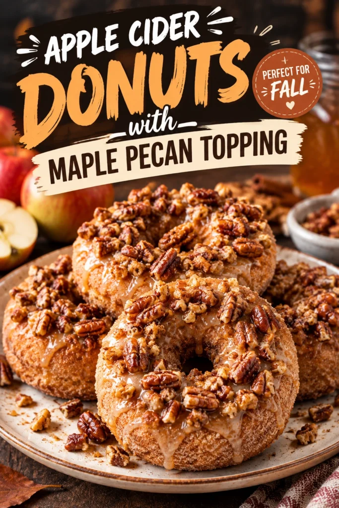 A stack of cinnamon-sugar coated apple cider donuts topped with a maple glaze and crushed toasted pecans.