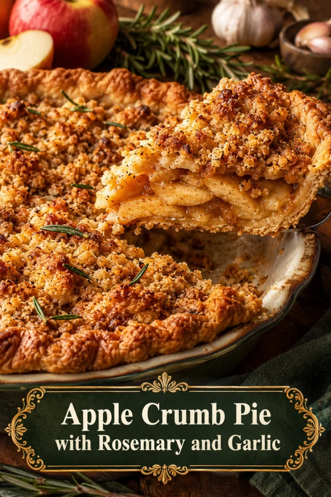 A savory apple pie with a golden-brown rosemary crumb topping, garnished with fresh herbs on a rustic baking sheet.