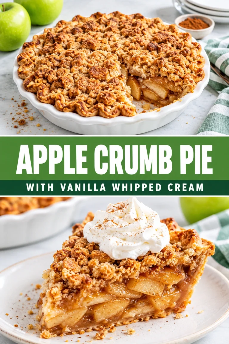 A slice of apple crumb pie with a golden oat topping, topped with a dollop of vanilla whipped cream.