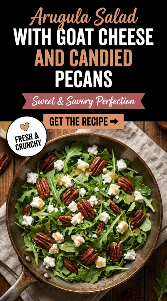 Arugula salad topped with crumbled goat cheese, candied pecans, and sliced strawberries in a white ceramic bowl.