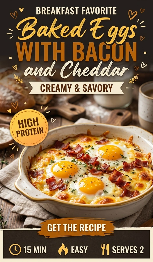 Two baked eggs in a small cast iron skillet with melted cheddar cheese and crispy bacon bits.