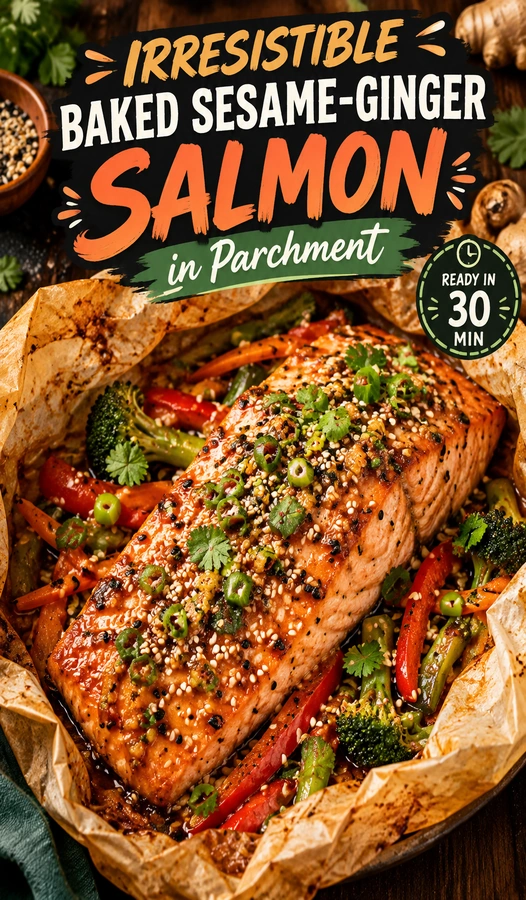 Baked salmon fillet with sesame seeds and ginger, served inside a folded parchment paper pouch with steamed vegetables.