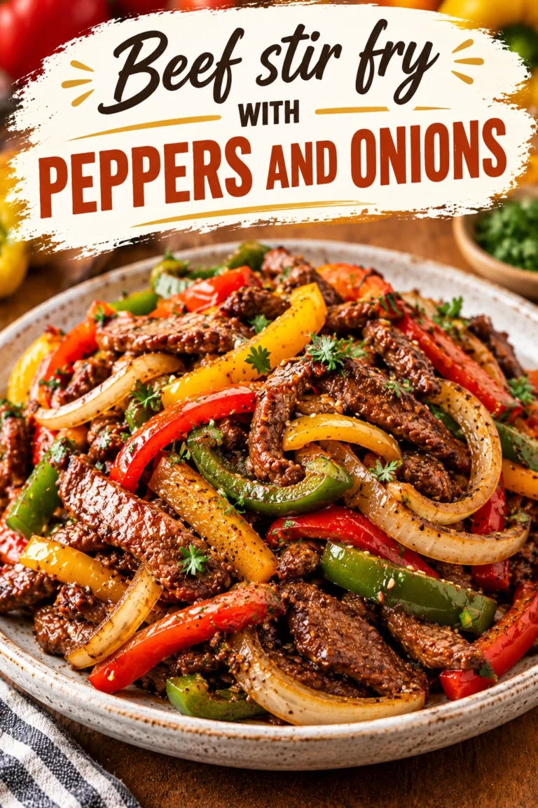 Slices of seared beef, red and green bell peppers, and onions in a savory brown sauce over white rice.