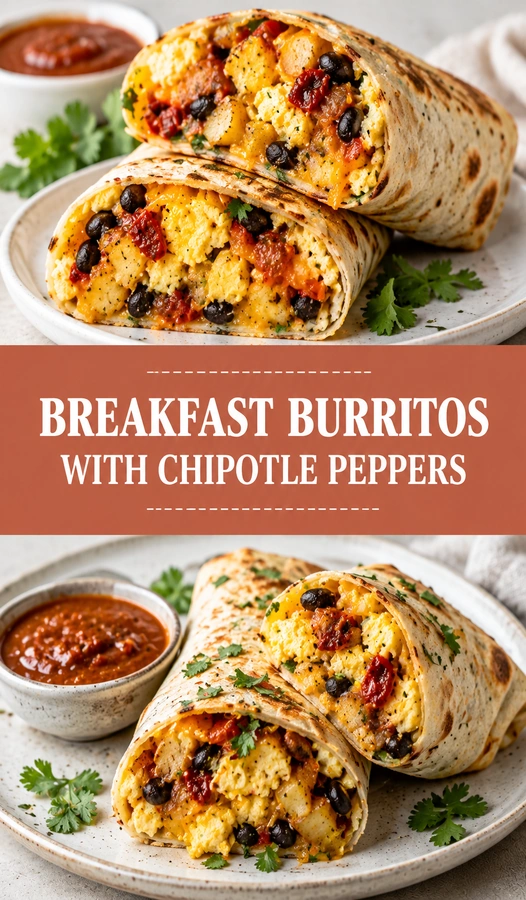 Two sliced breakfast burritos filled with scrambled eggs, black beans, melted cheese, and chipotle peppers on a white plate.