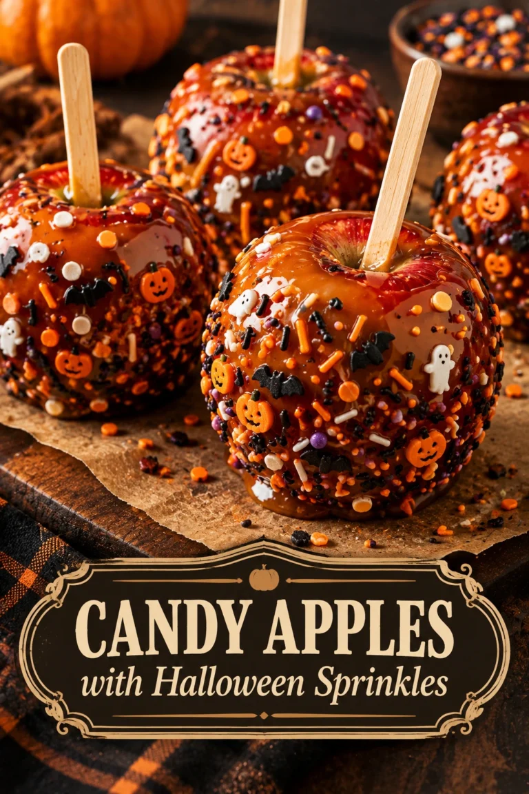Glossy red candy apples on sticks, coated in orange and purple Halloween sprinkles, arranged on a rustic wooden surface.