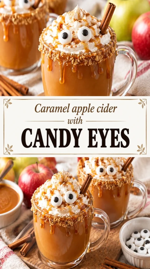 Glass of caramel apple cider topped with whipped cream, a cinnamon stick, and candy eyes for a spooky look.