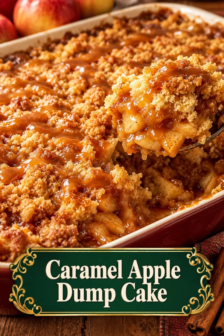 A close-up of caramel apple dump cake in a baking dish, featuring a golden-brown cake crust and bubbling apples.