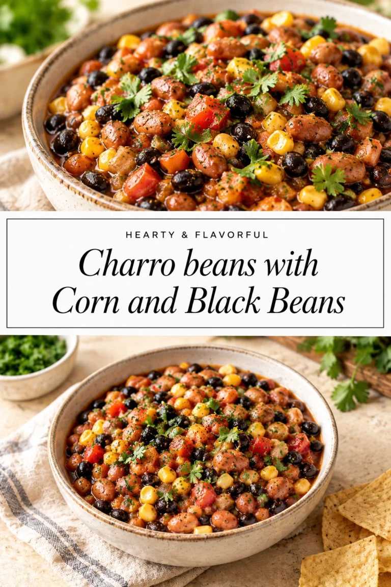 A bowl of hearty charro beans with black beans and corn, garnished with fresh cilantro and sliced jalapeños.