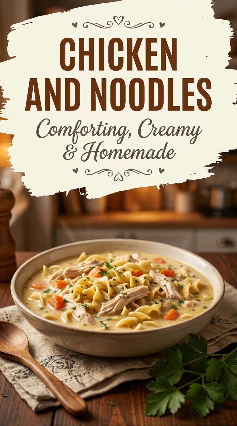 A white bowl of creamy chicken and noodles with sliced carrots and peas, garnished with fresh chopped parsley.