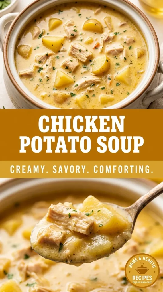 A creamy bowl of chicken potato soup with chunks of chicken, diced potatoes, and carrots, garnished with fresh parsley.