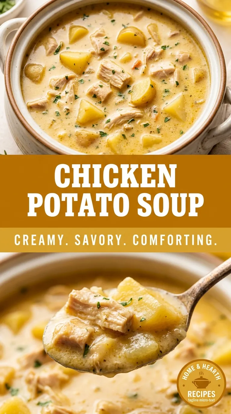 A creamy bowl of chicken potato soup with chunks of chicken, diced potatoes, and carrots, garnished with fresh parsley.