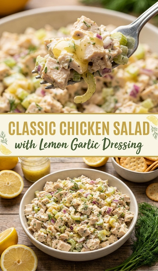 Chopped chicken salad with celery and herbs in a bowl, drizzled with lemon garlic dressing and garnished with parsley.