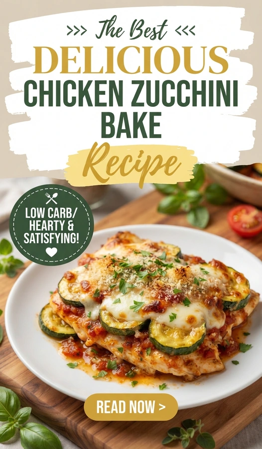 Baked chicken breast and sliced zucchini in a creamy sauce topped with melted golden brown cheese in a casserole dish.