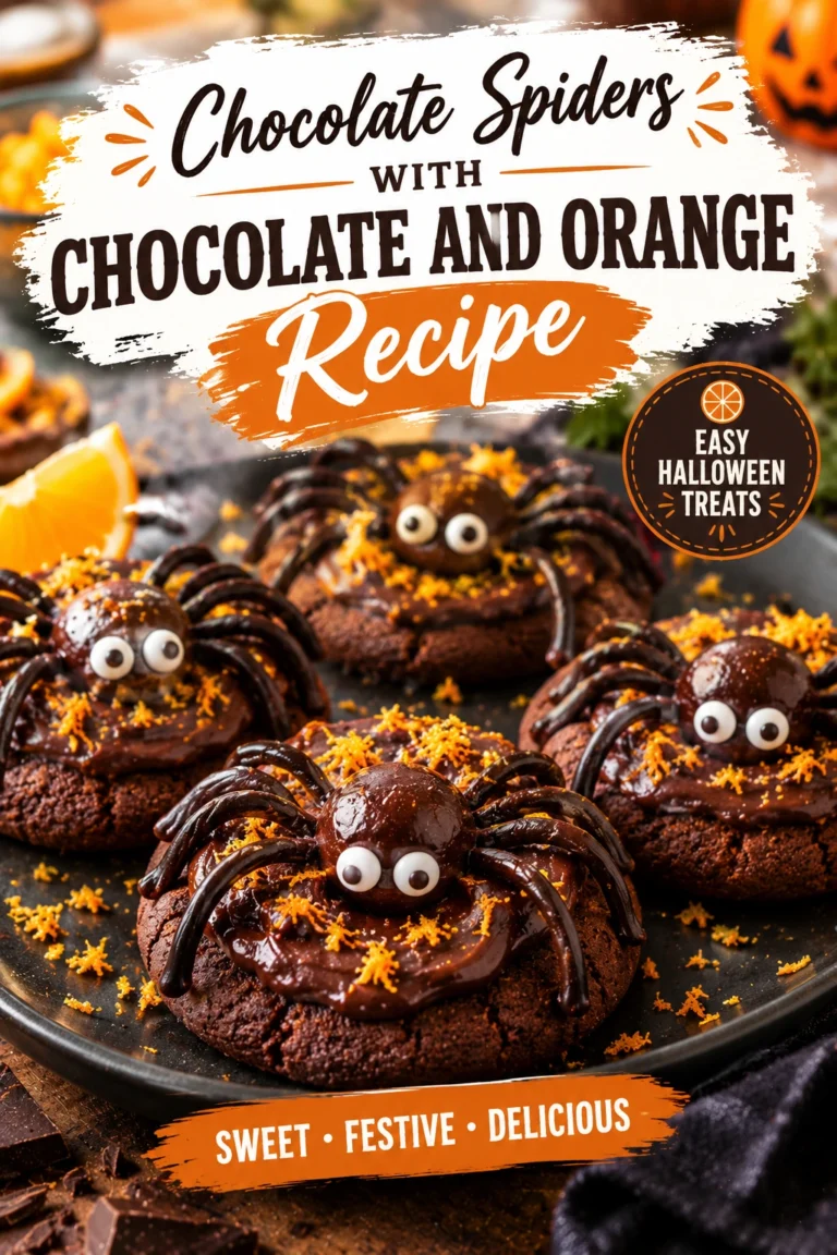 Chocolate spider-shaped treats decorated with orange segments and chocolate drizzle, arranged on a platter for a festive dessert.