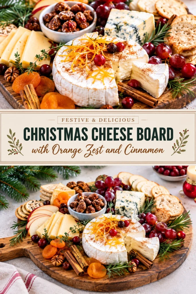 Festive cheese board with assorted cheeses, crackers, and fruits, garnished with fresh orange zest and cinnamon sticks on wood.