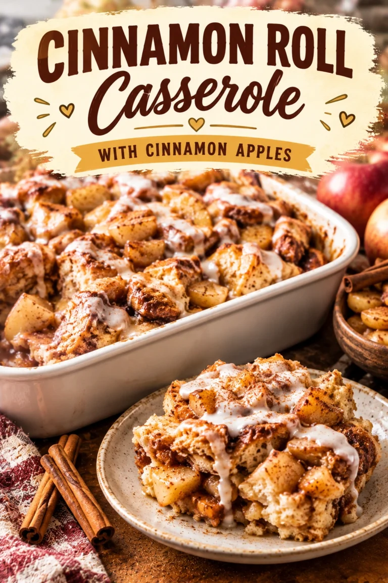 Baked cinnamon roll casserole topped with sliced cinnamon apples and a drizzle of white icing in a baking dish.