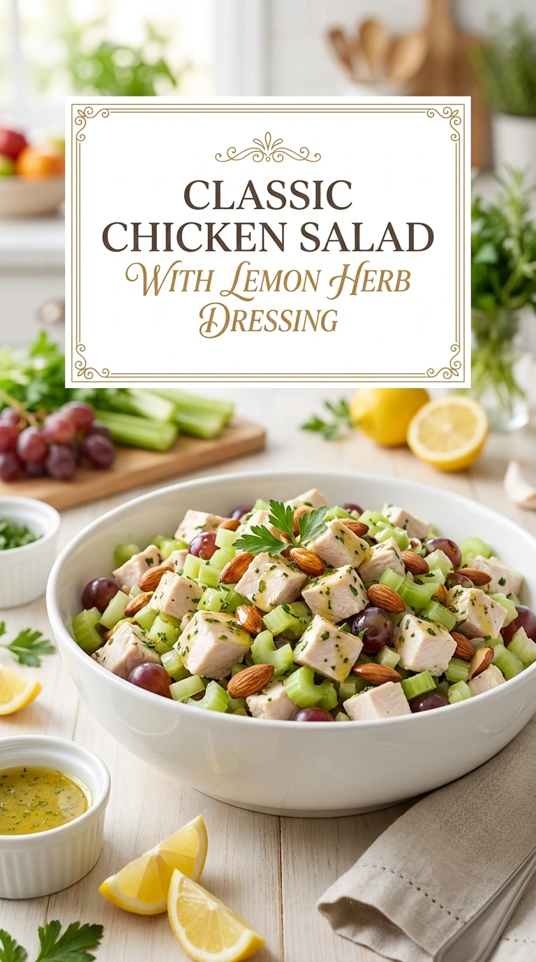 Creamy chicken salad with fresh herbs and lemon dressing in a white bowl, garnished with parsley and celery.