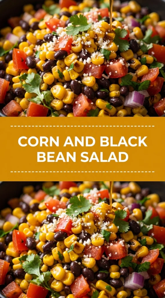 A colorful bowl of corn and black bean salad with diced red onion, bell peppers, cilantro, and lime juice.