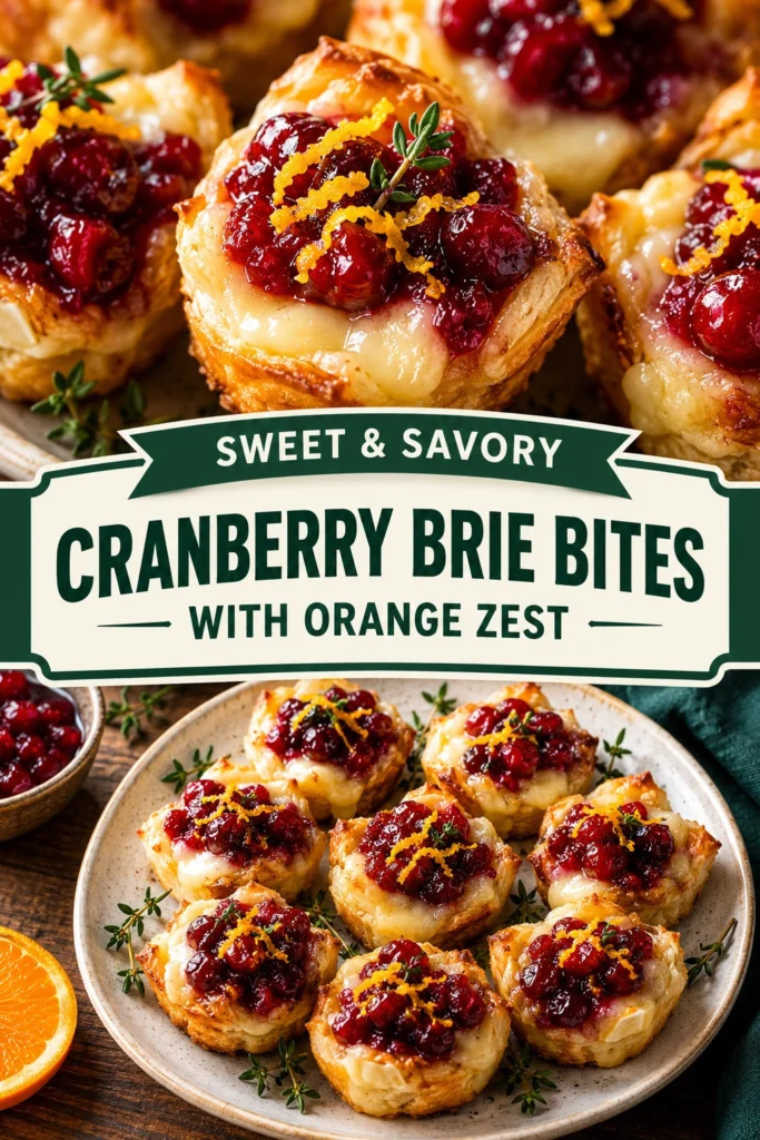 Small pastry cups filled with melted brie cheese, topped with tart red cranberries and a sprinkle of orange zest.
