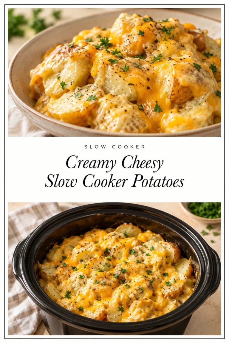 Creamy cheesy slow cooker potatoes in a ceramic pot, topped with melted cheese and fresh chopped parsley.
