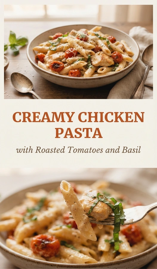 Creamy chicken pasta with roasted cherry tomatoes and fresh basil leaves in a white bowl, topped with parmesan cheese.