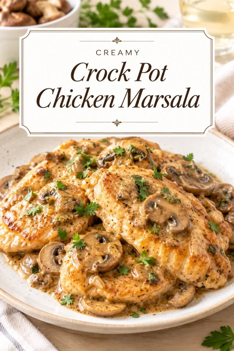 Tender chicken breasts in a creamy brown mushroom marsala sauce, served in a slow cooker with fresh parsley garnish.
